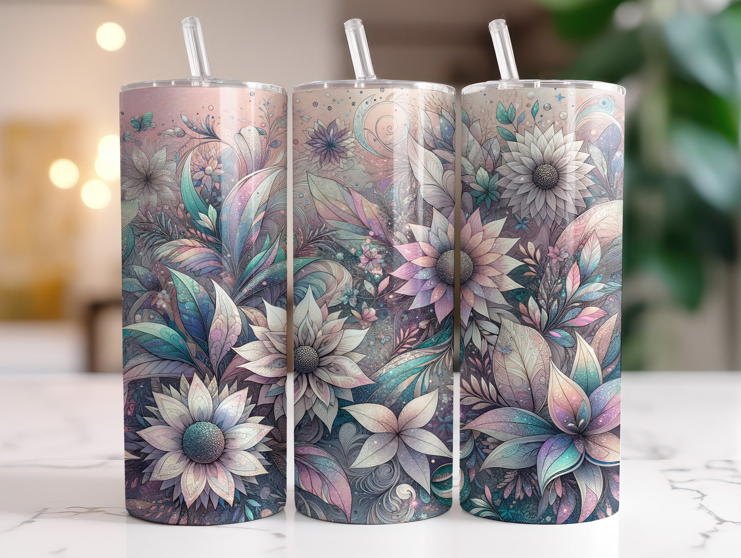 20 oz Glitter Floral Tumbler